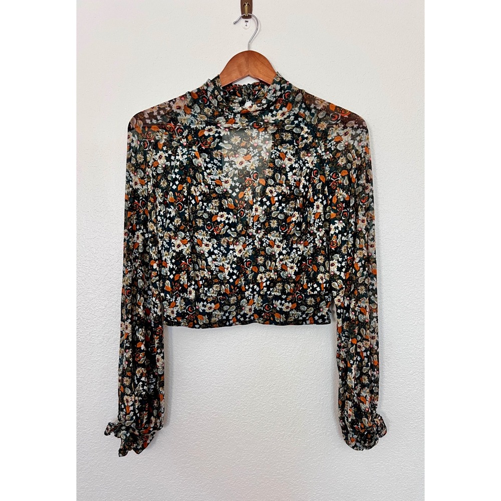 Free People Sheer Floral Crop‎ Blouse XS Mock Neck Button Back Built In Bralette
